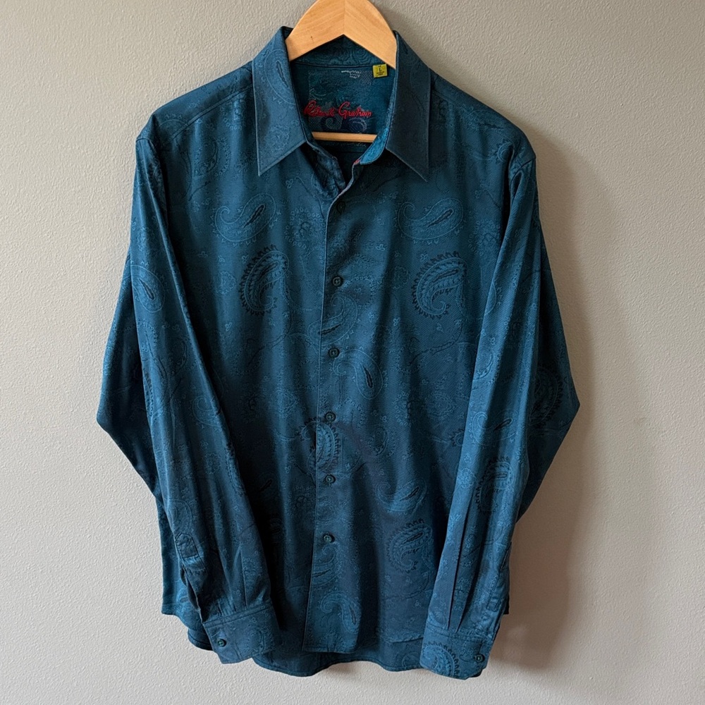 Robert Graham Teal Paisley Jacquard Shirt with Red Signature